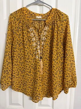 Women's Mustard Floral Embroidered Peasant Blouse